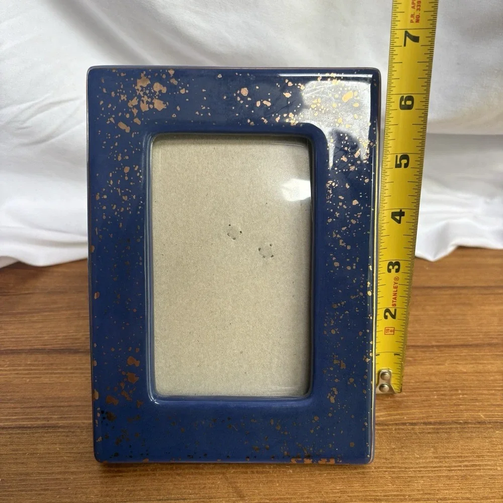 Blue Gold Speckled Ceramic Picture Frame 3.5x5 Freestanding Tabletop